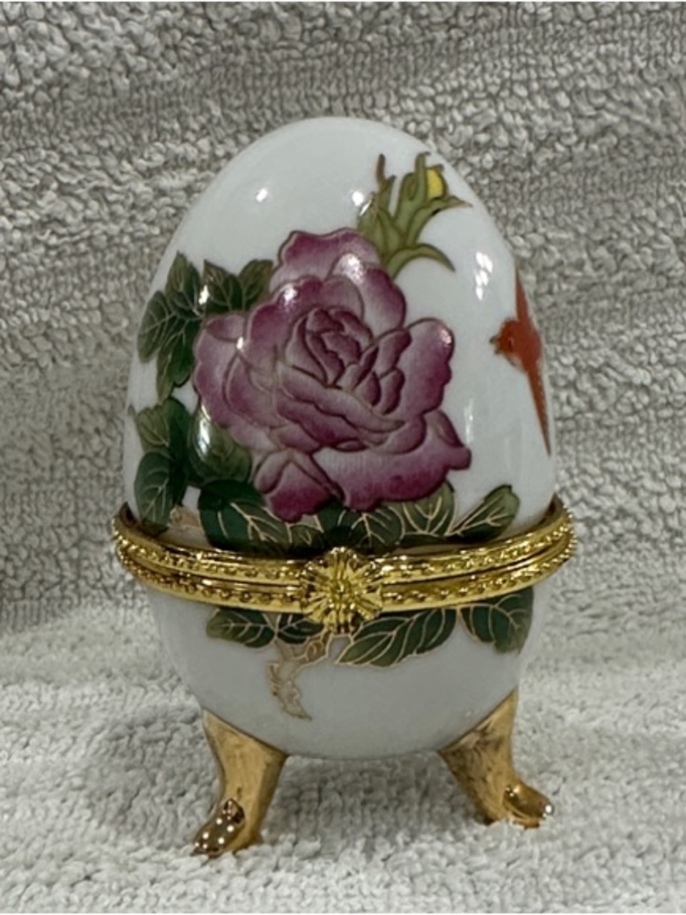 Floral Porcelain Egg Trinket Box with Gold Feet